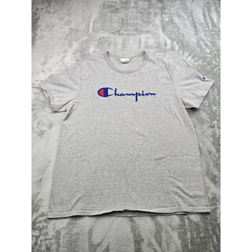 Champion Script Logo T Shirt Mens XL Gray Embroidered Spellout Short Sleeve